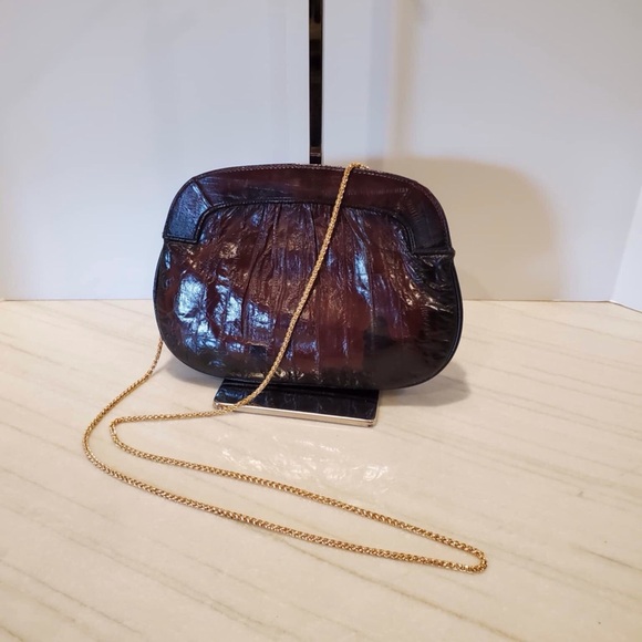 Vintage Dark Brown Genuine Eel Skin Leather Clutch Convertible Shoulder Bag - Picture 1 of 9